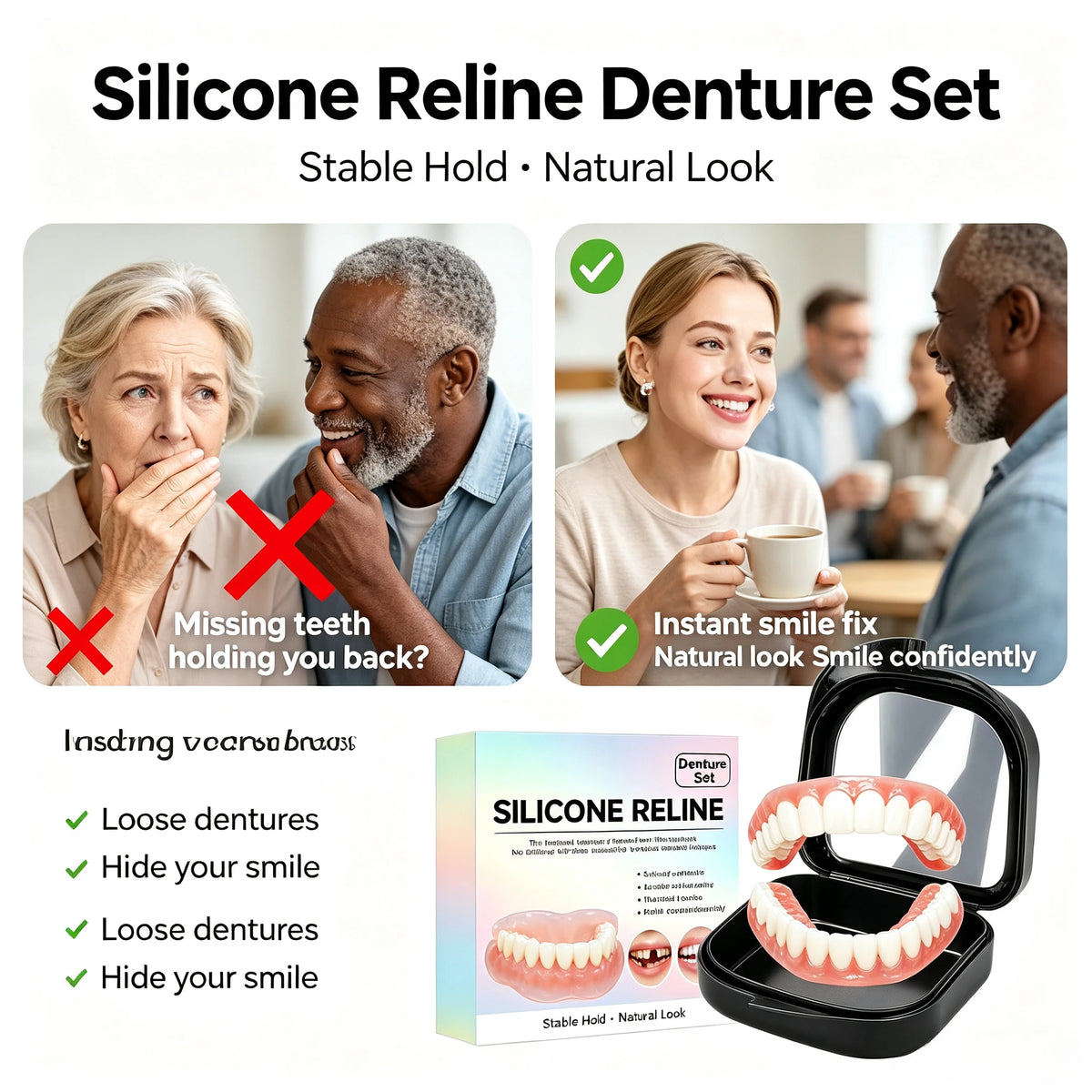 Instant Fit Realistic Cosmetic Dentures - Top & Bottom Set