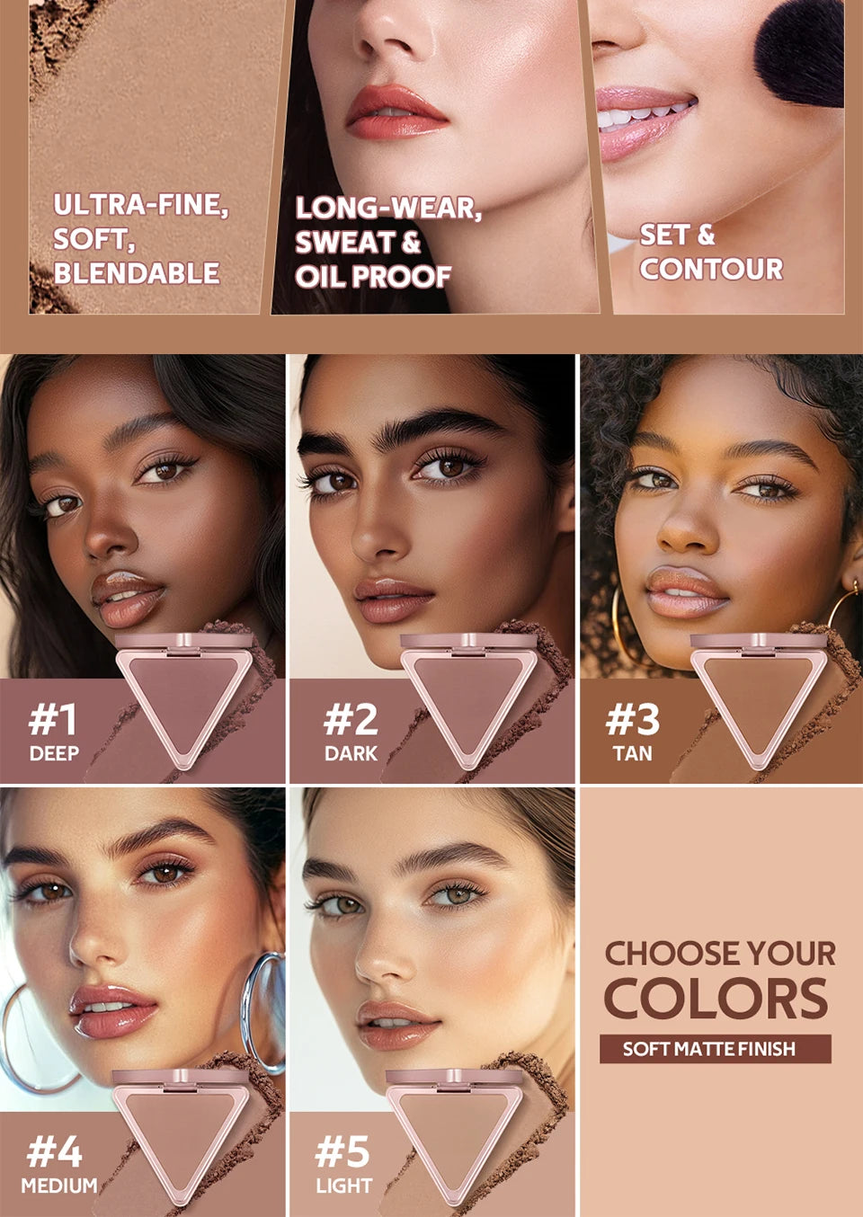 Matte Bronzer Powder for Long-Lasting Waterproof Face Contouring