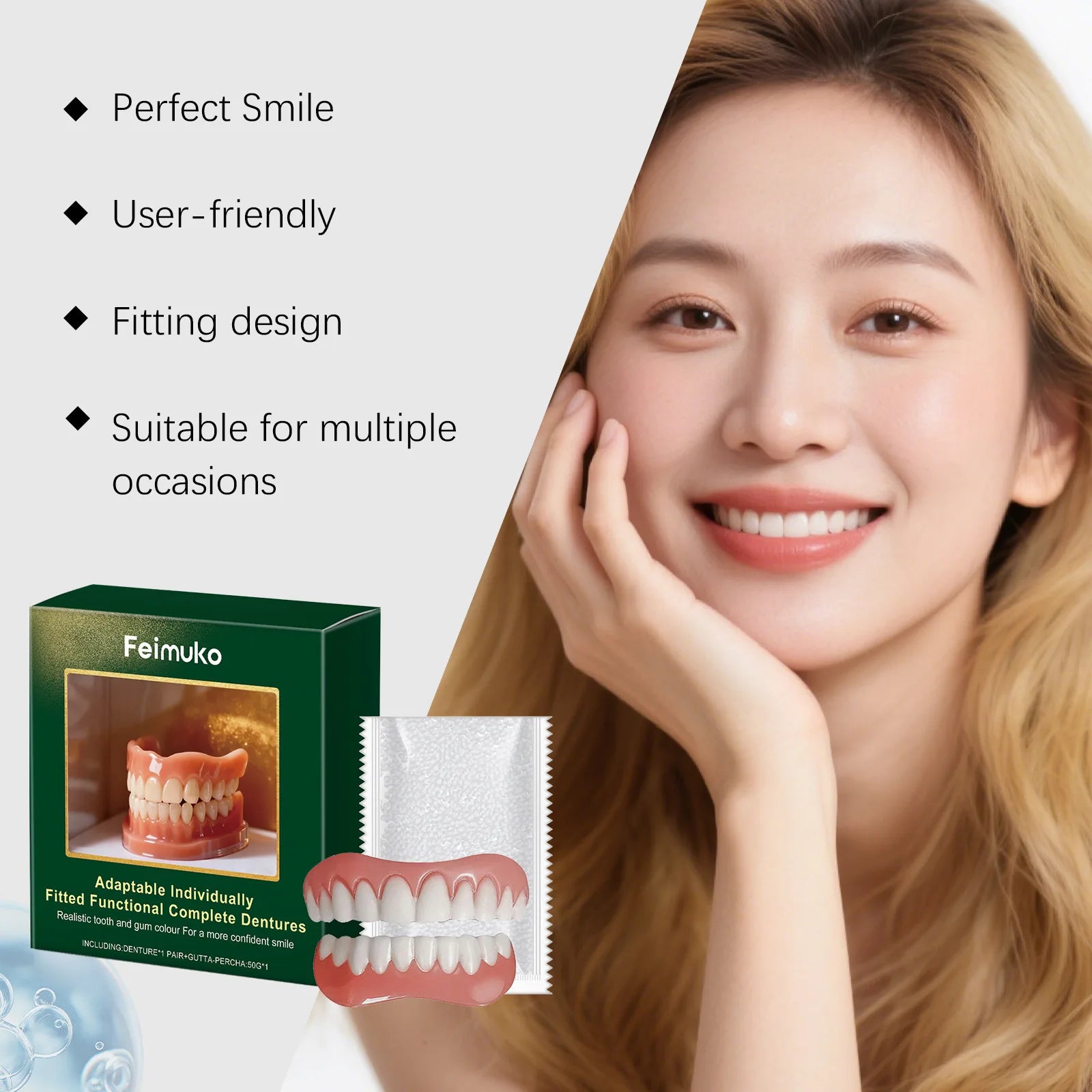 Natural Looking Cosmetic Silicone Denture Set for Upper and Lower Teeth - 3