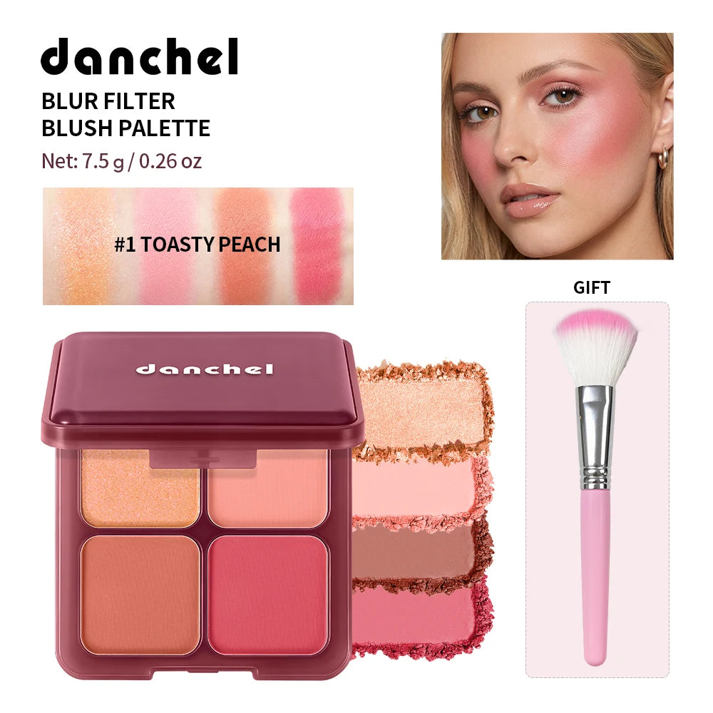 4-Color Matte Blur Filter Blush Palette with Makeup Brush