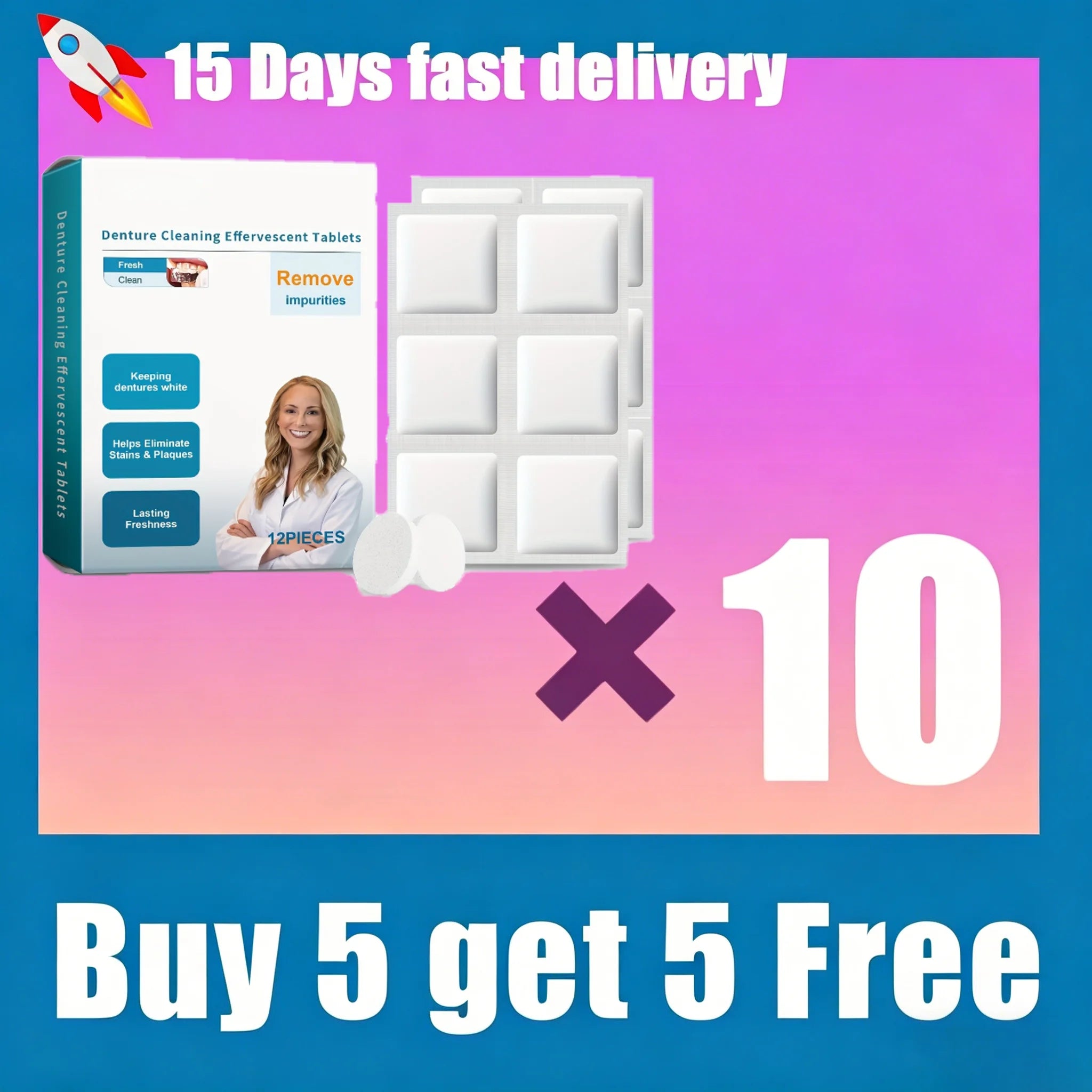 Effervescent Denture Cleaning Tablets - 12 Piece Deep Clean Kit - 8