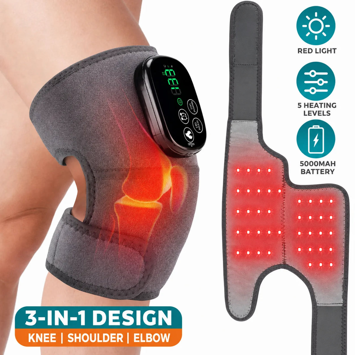 Cordless Heated Knee and Joint Support Brace with Red Light