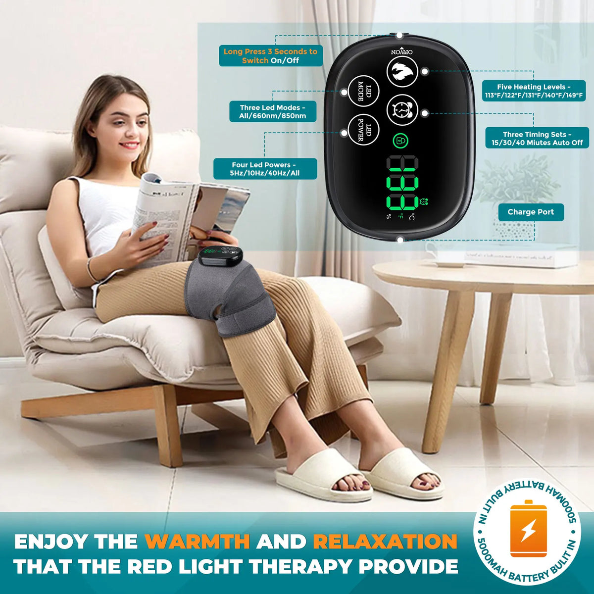 Cordless Heated Knee and Joint Support Brace with Red Light