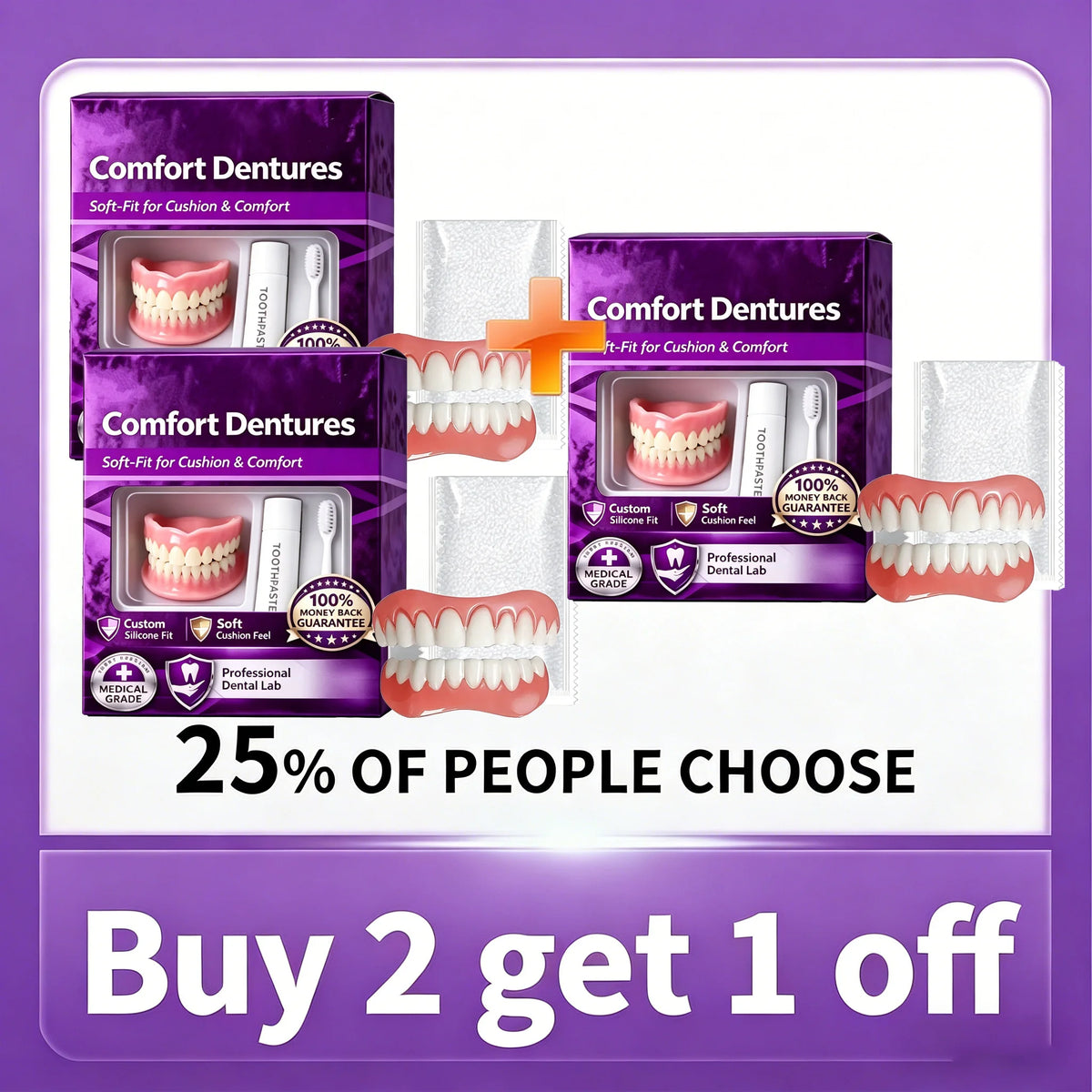 Comfort Fit Cosmetic Silicone Dentures for Upper and Lower Teeth