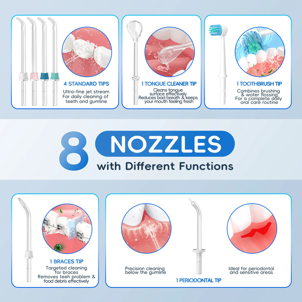 Electric Water Flosser for Teeth with 8 Multi-Function Nozzles