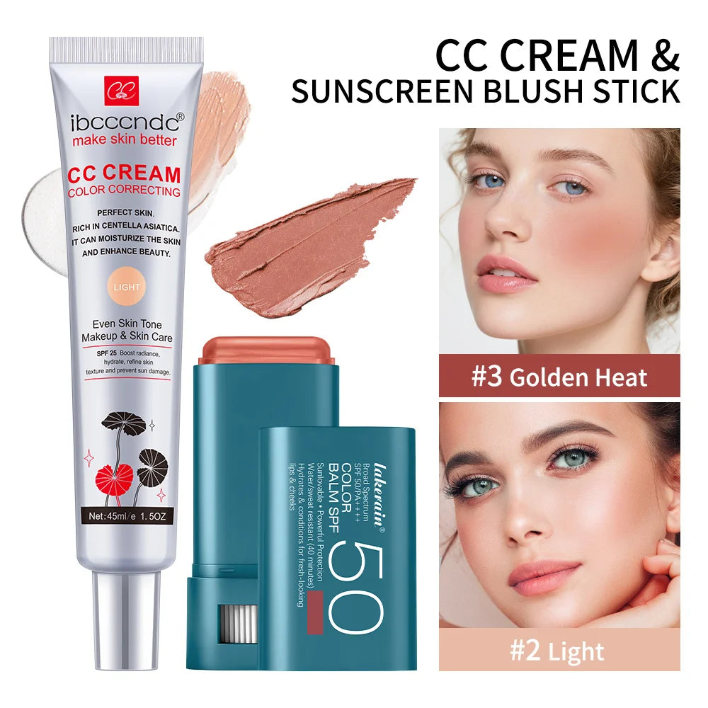 Color Correcting CC Cream and Sunscreen Blush Stick Makeup Set - 34