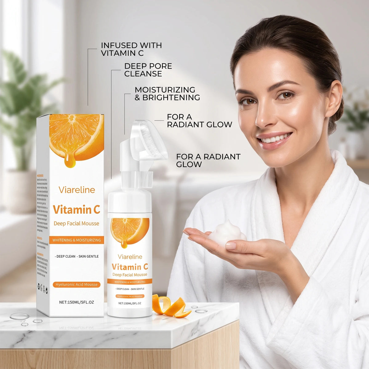 Vitamin C Brightening Facial Cleansing Foam with Built-in Brush