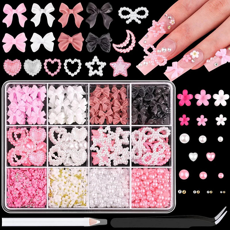 3D Mixed Nail Art Decoration Set with Bows, Flowers, and Pearls - 25