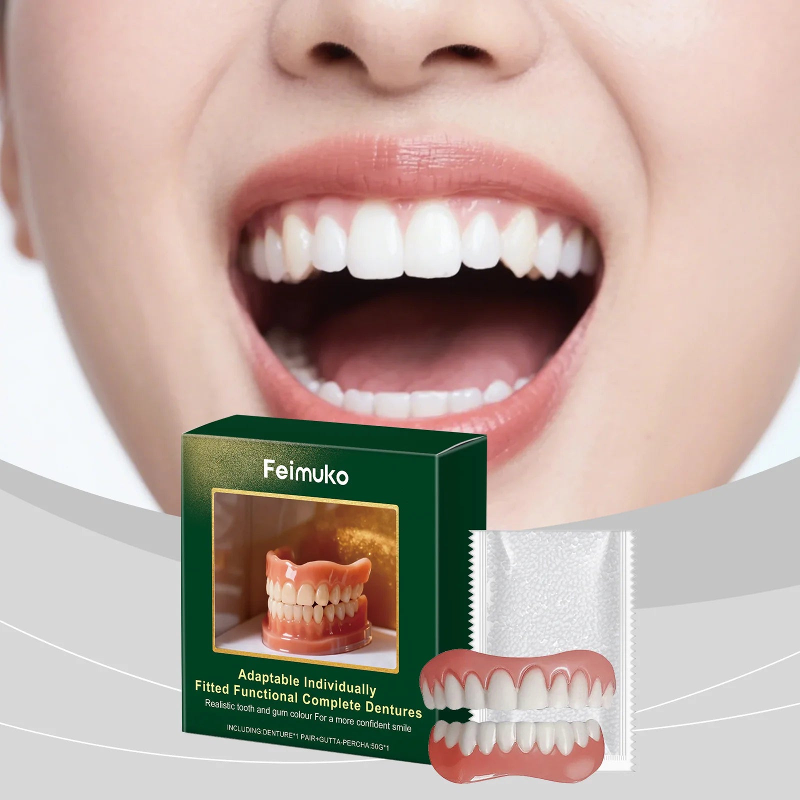 Natural Looking Cosmetic Silicone Denture Set for Upper and Lower Teeth - 2