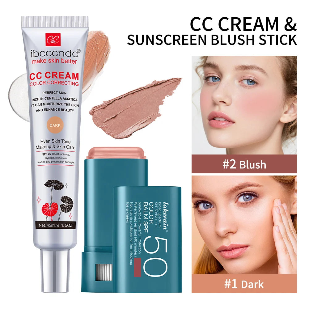 Color Correcting CC Cream and Sunscreen Blush Stick Makeup Set
