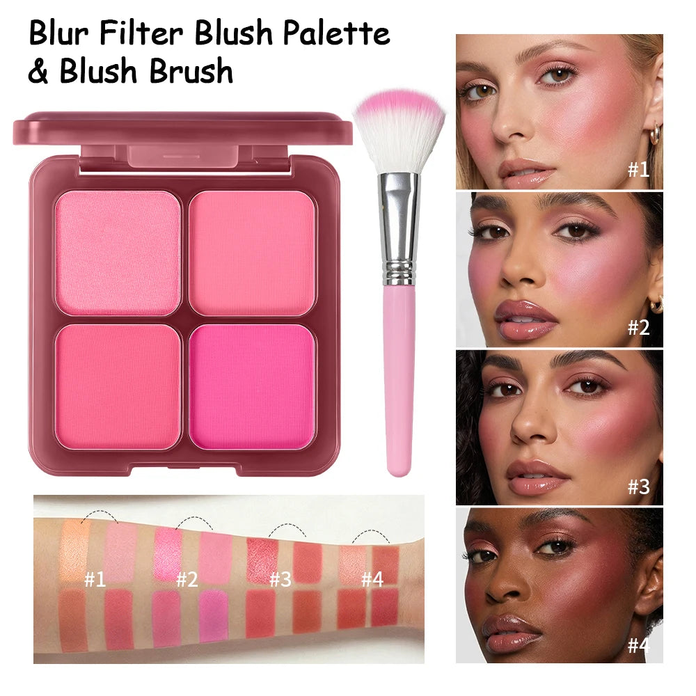 4-Color Matte Blur Filter Blush Palette with Makeup Brush