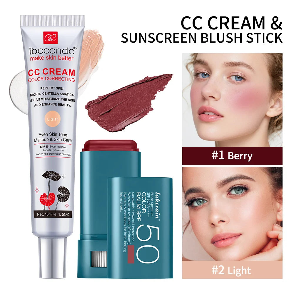 Color Correcting CC Cream and Sunscreen Blush Stick Makeup Set