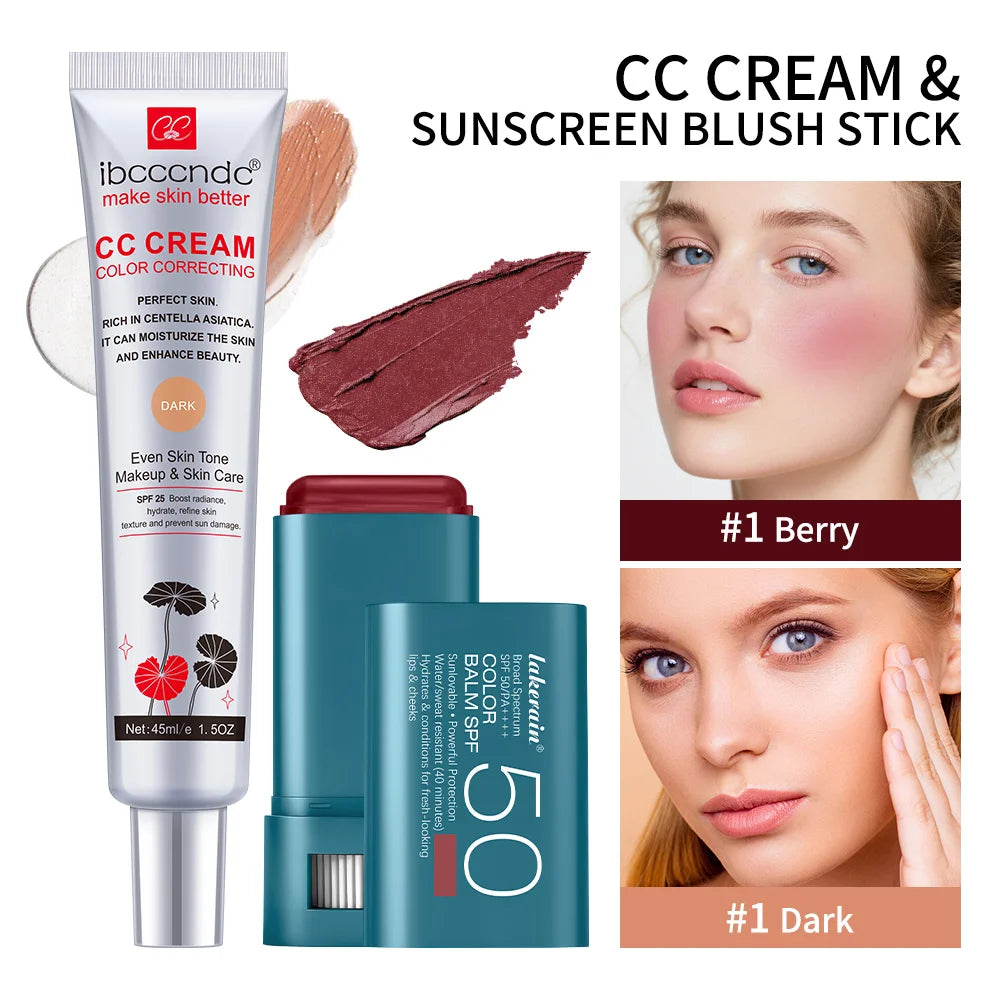 Color Correcting CC Cream and Sunscreen Blush Stick Makeup Set