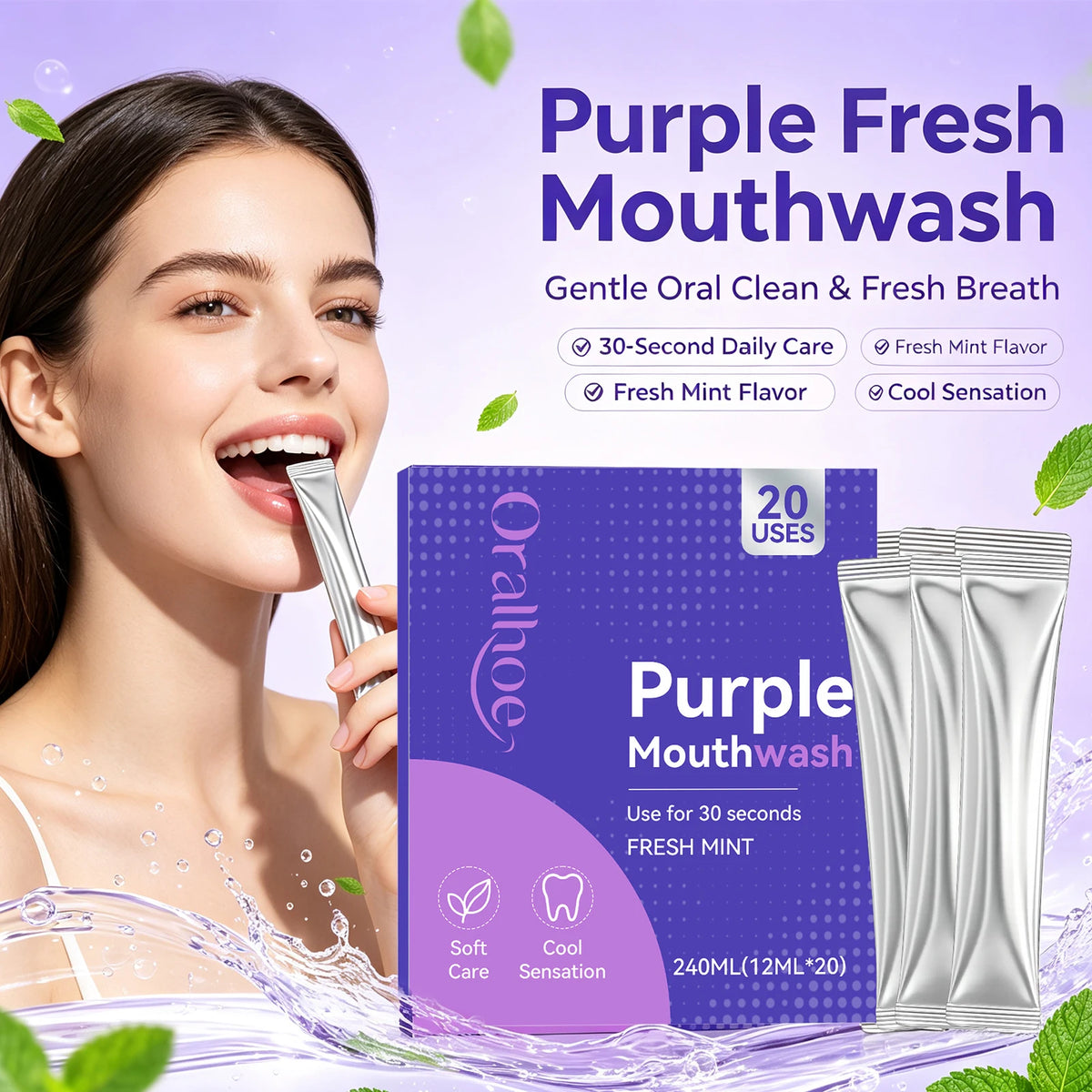 Portable Single-Use Purple Mouthwash Sachets for Fresh Breath