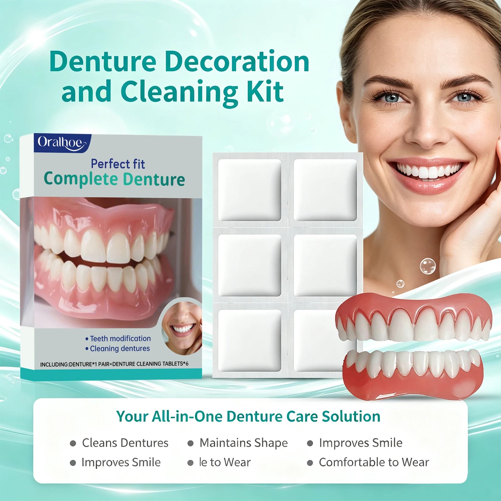 Cosmetic Denture and Cleaning Kit for Missing or Stained Teeth - 6
