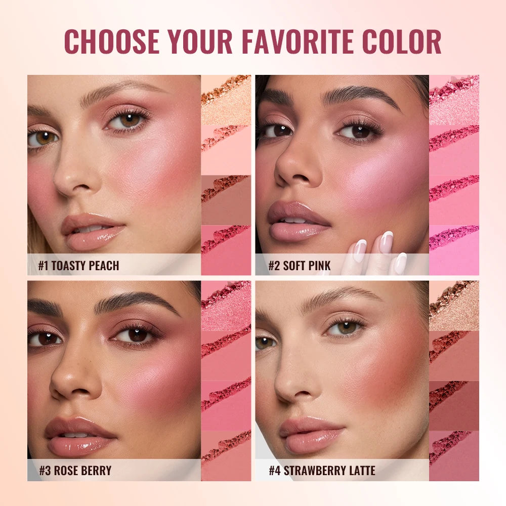 4-Color Matte Blur Filter Blush Palette with Makeup Brush
