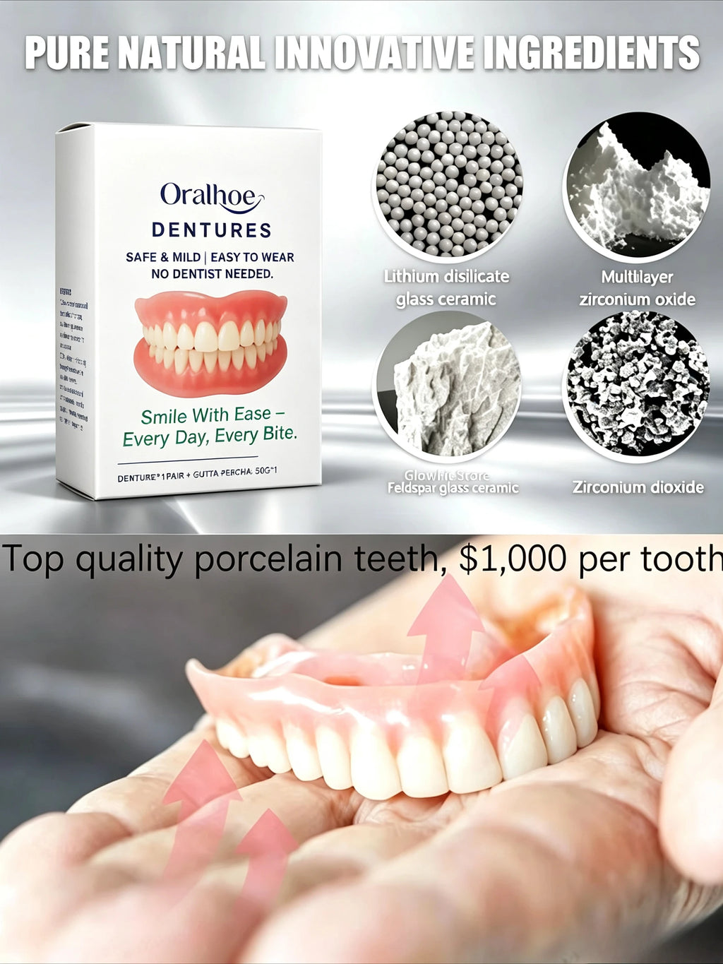 Portable Denture Storage and Cleaning Care Kit with Mirror