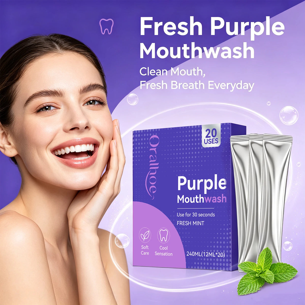 Portable Single-Use Purple Mouthwash Sachets for Fresh Breath