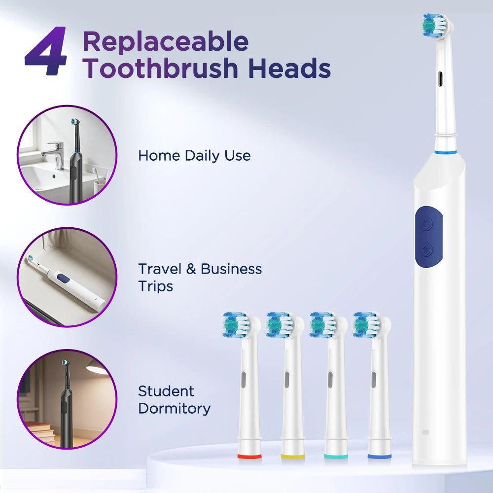 Rotating Electric Toothbrush with 5 Modes and 4 Replacement Heads