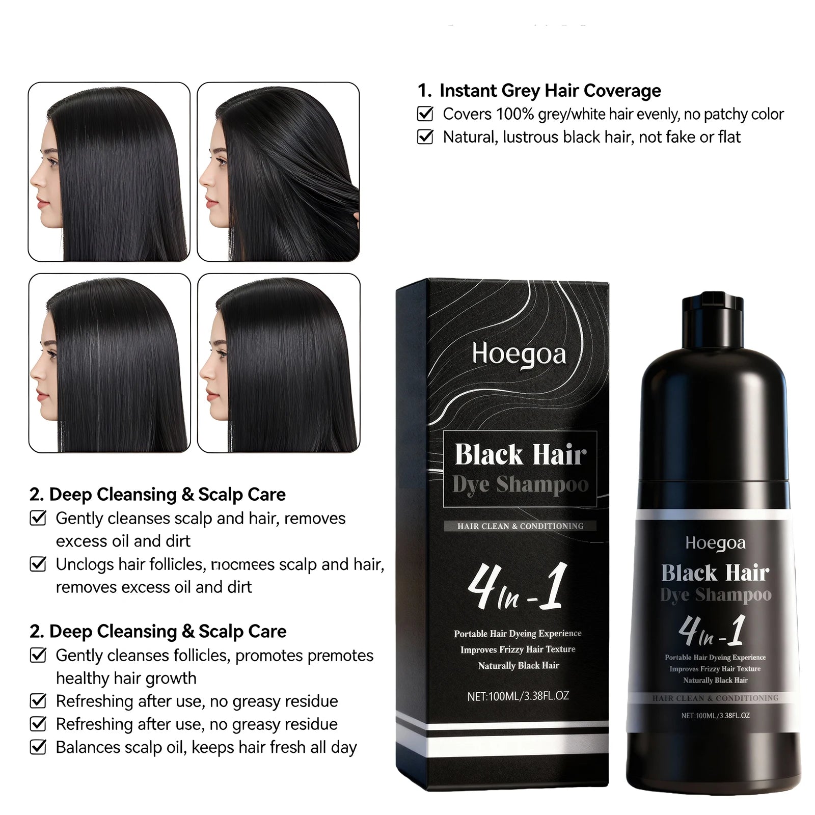 4-in-1 Black Hair Dye Shampoo for Gray Coverage - 3