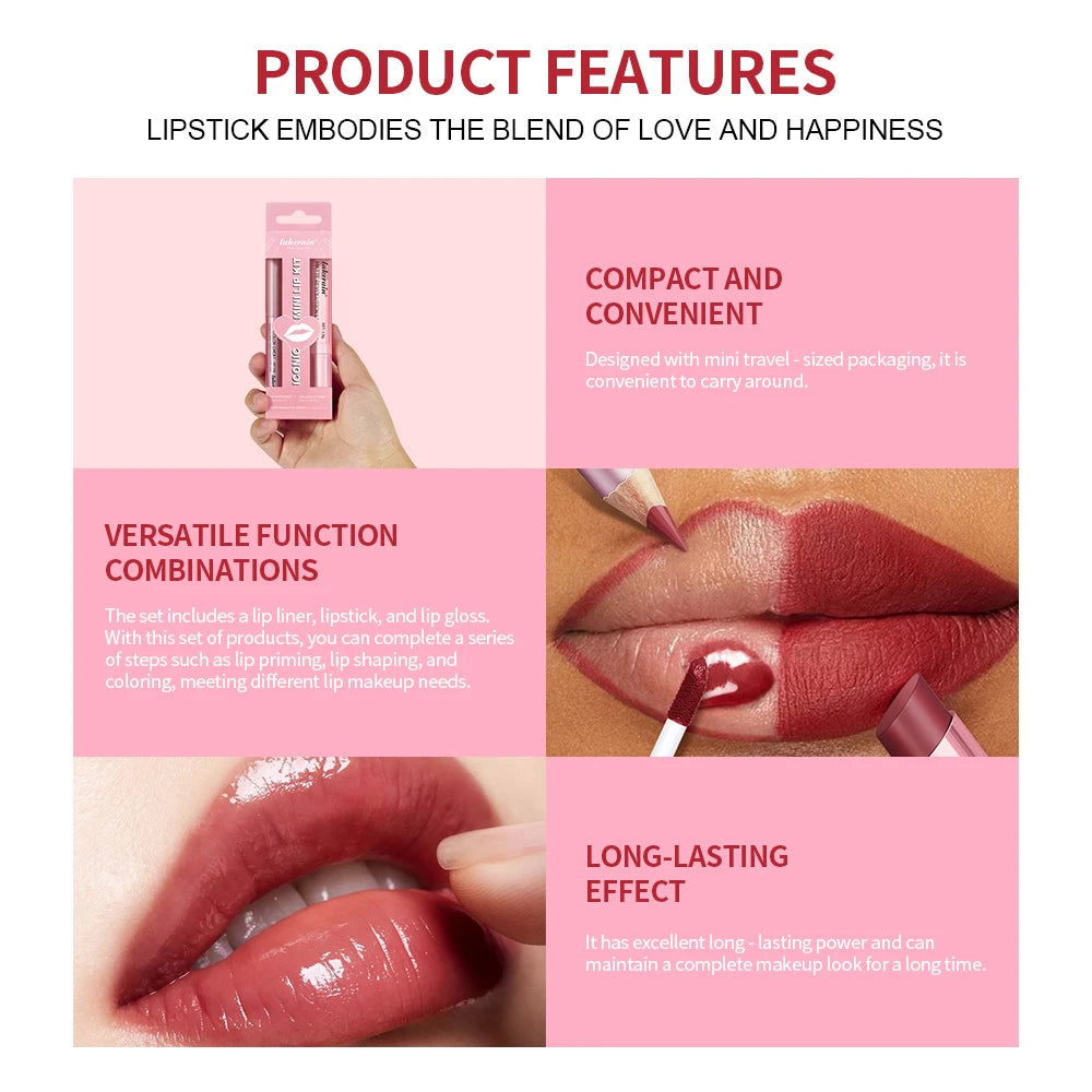 All-in-One Travel Lip Makeup Set with Liner, Lipstick, and Gloss