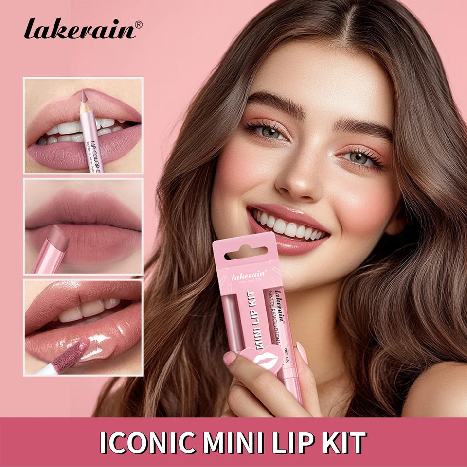 All-in-One Travel Lip Makeup Set with Liner, Lipstick, and Gloss