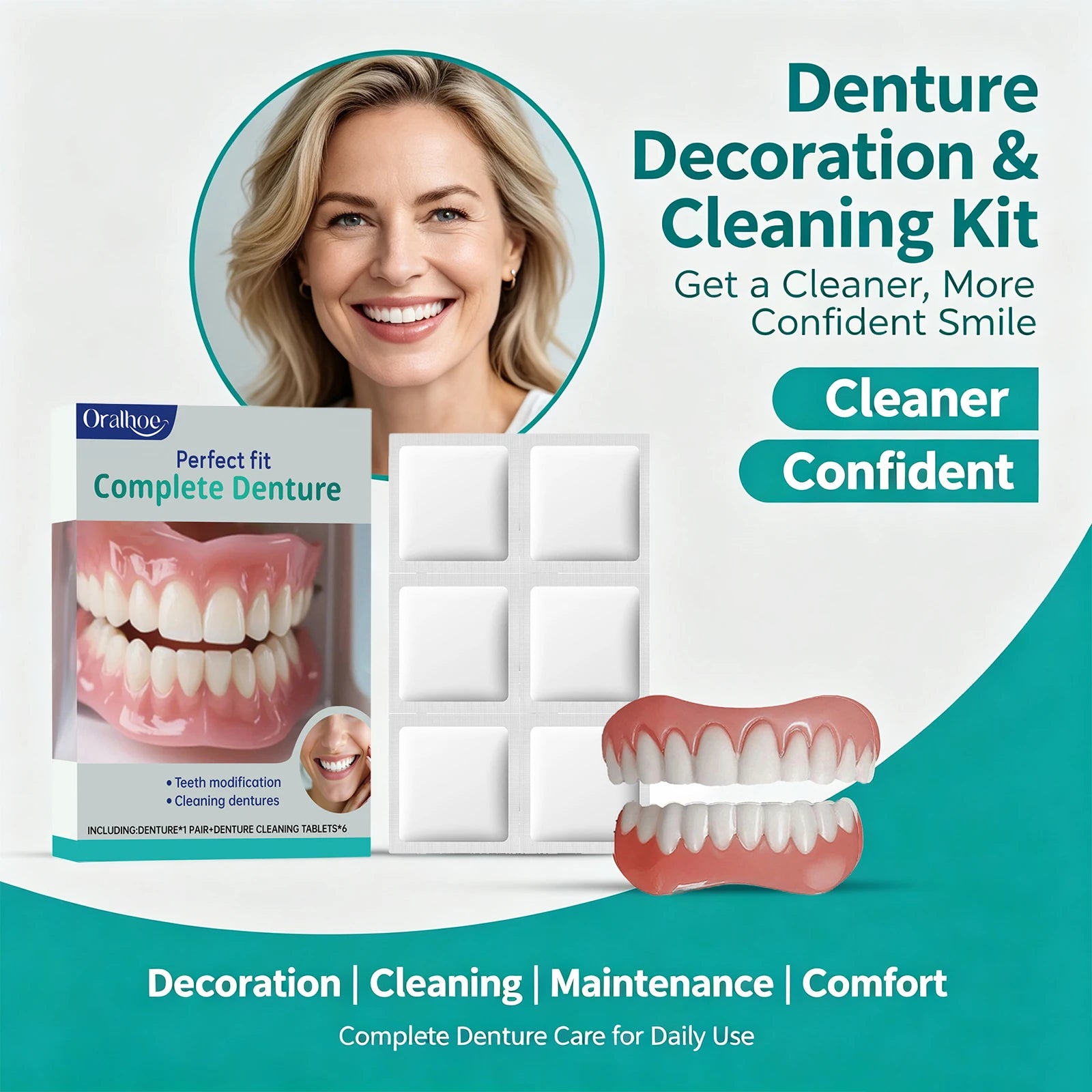 Cosmetic Denture and Cleaning Kit for Missing or Stained Teeth - 2