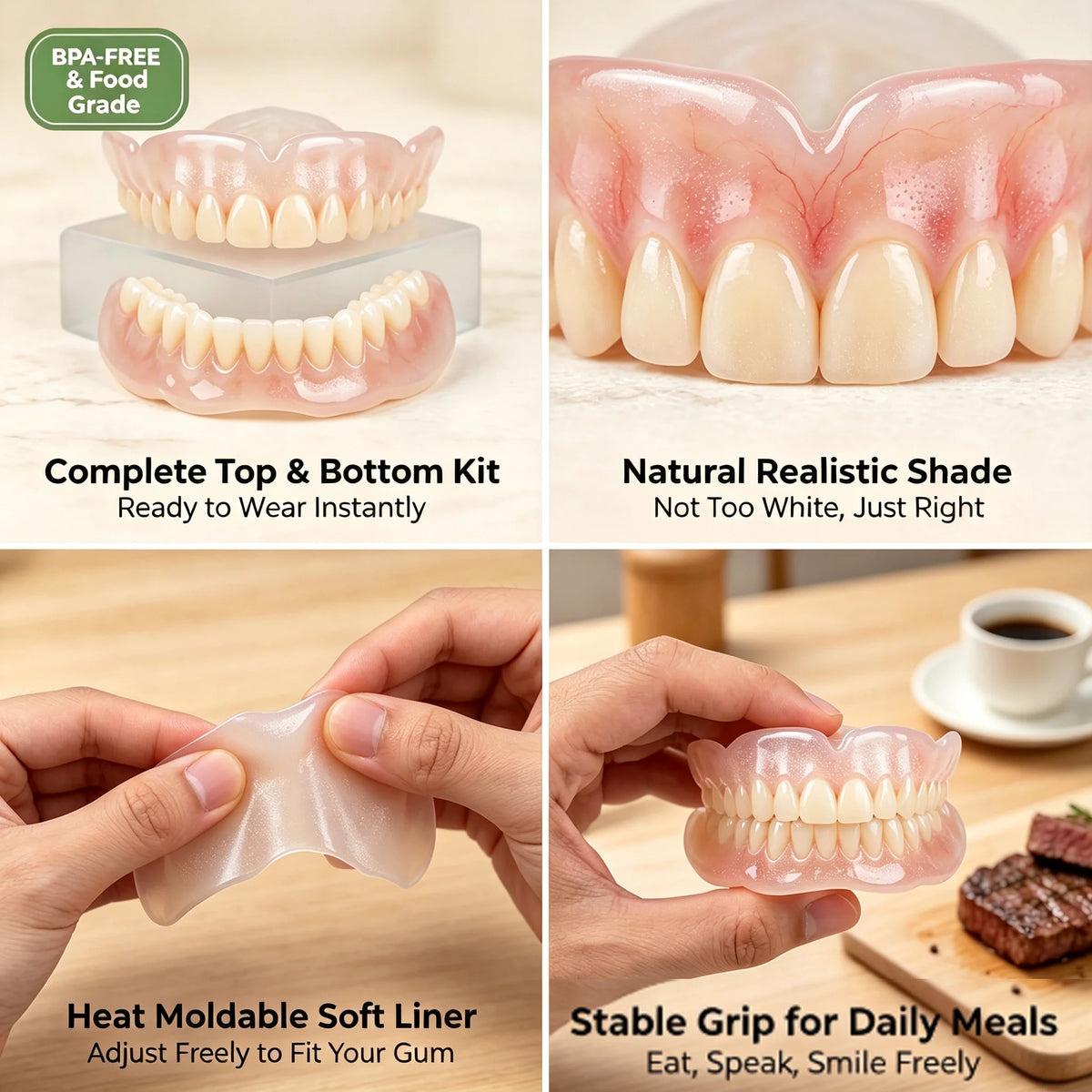 Instant Fit Realistic Cosmetic Dentures - Top & Bottom Set