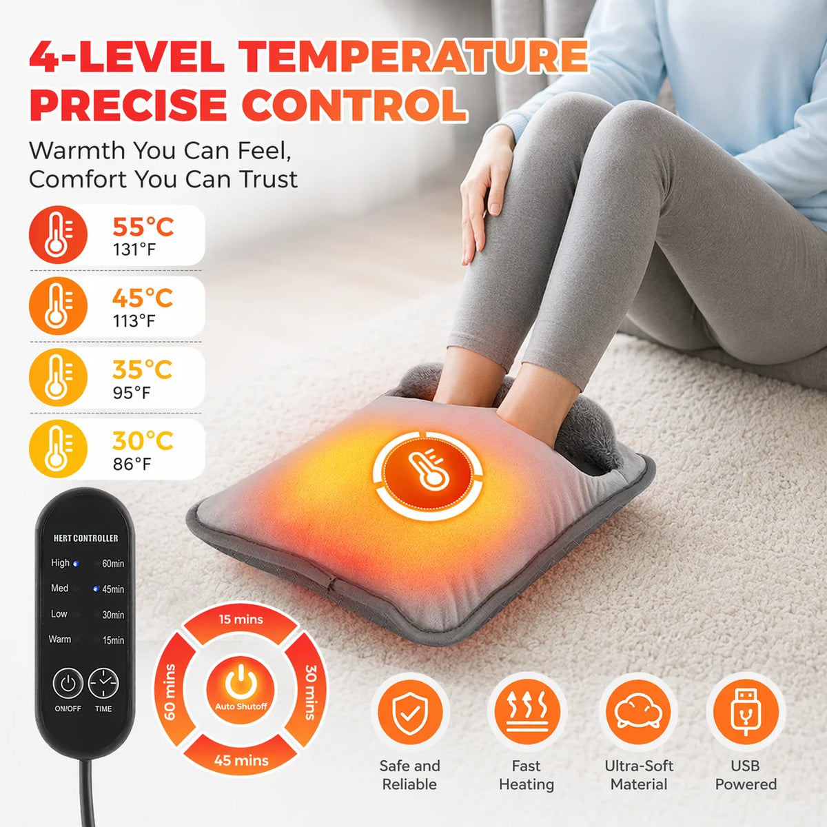 USB Heated Foot Warmer with Adjustable Temperature and Timer