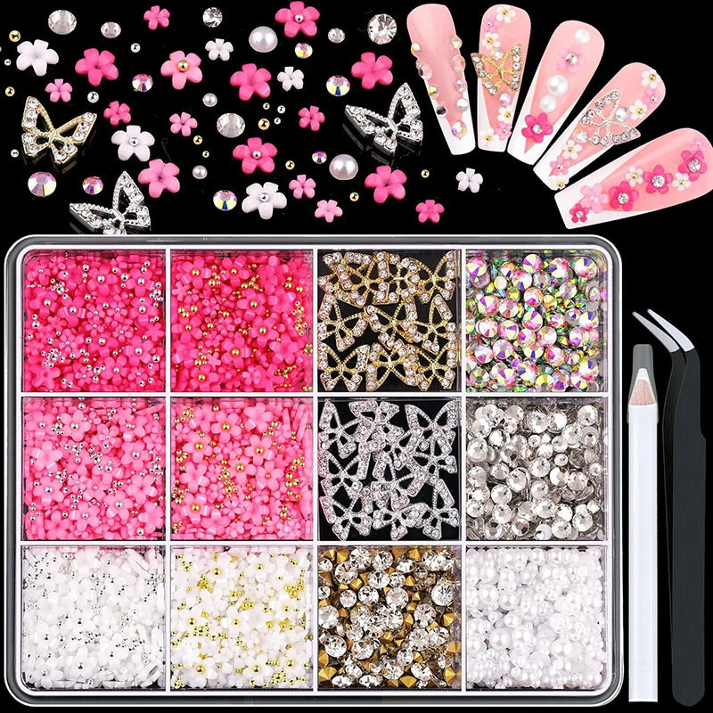 3D Mixed Nail Art Decoration Set with Bows, Flowers, and Pearls - 16