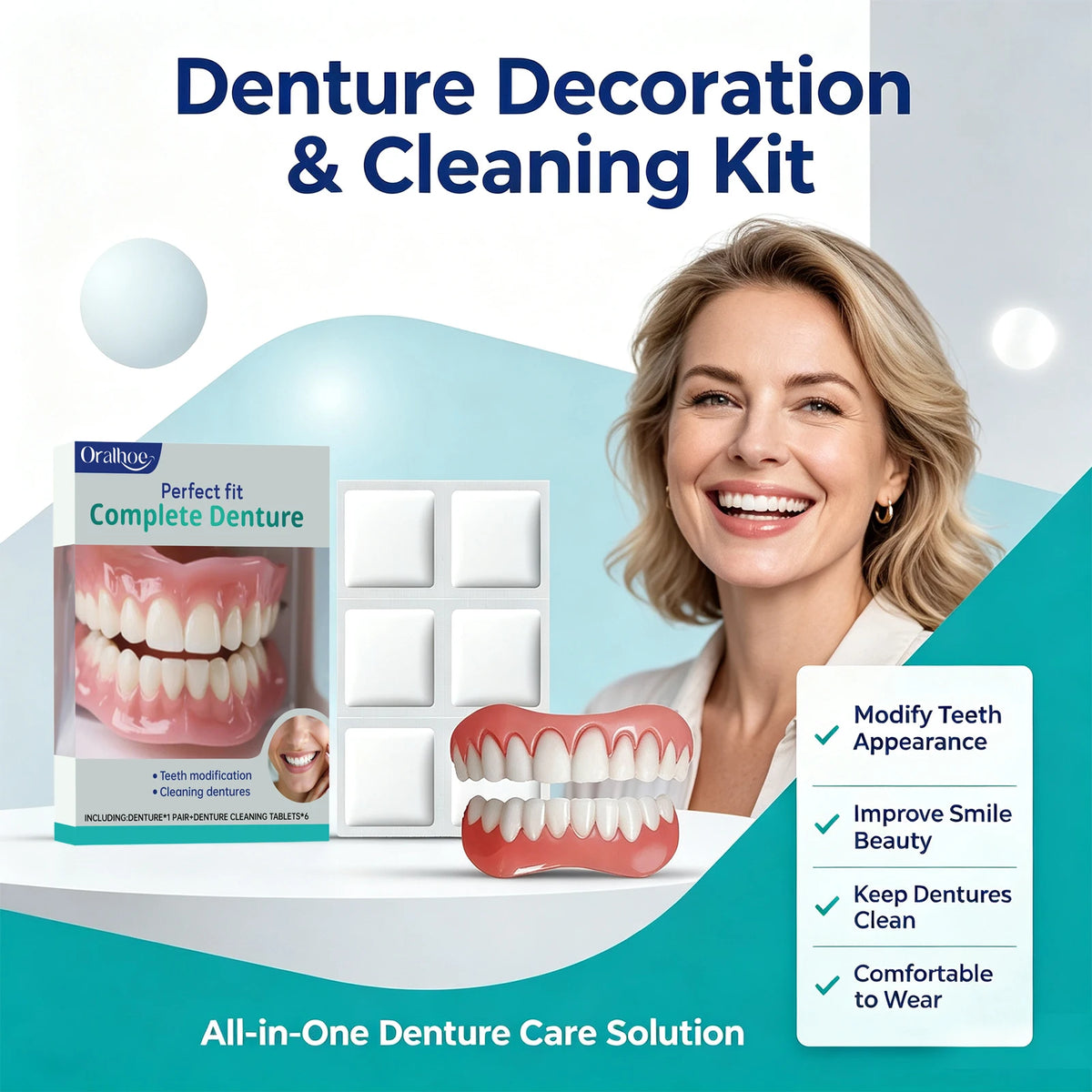 Cosmetic Denture and Cleaning Kit for Missing or Stained Teeth