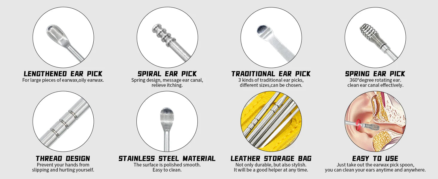 Stainless Steel Ear Wax Removal Cleaning Kit with Storage Case - 7