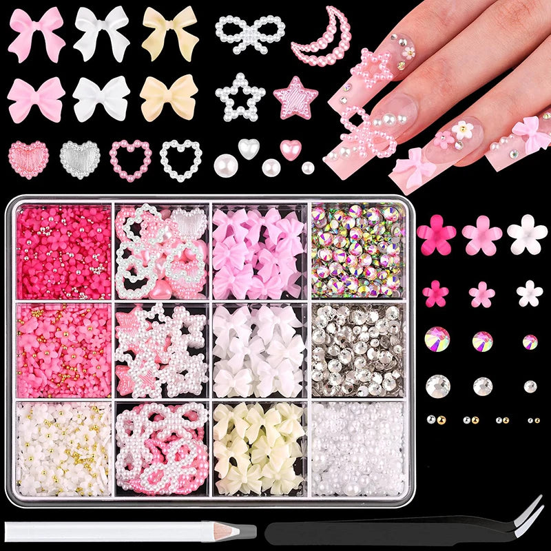 3D Mixed Nail Art Decoration Set with Bows, Flowers, and Pearls