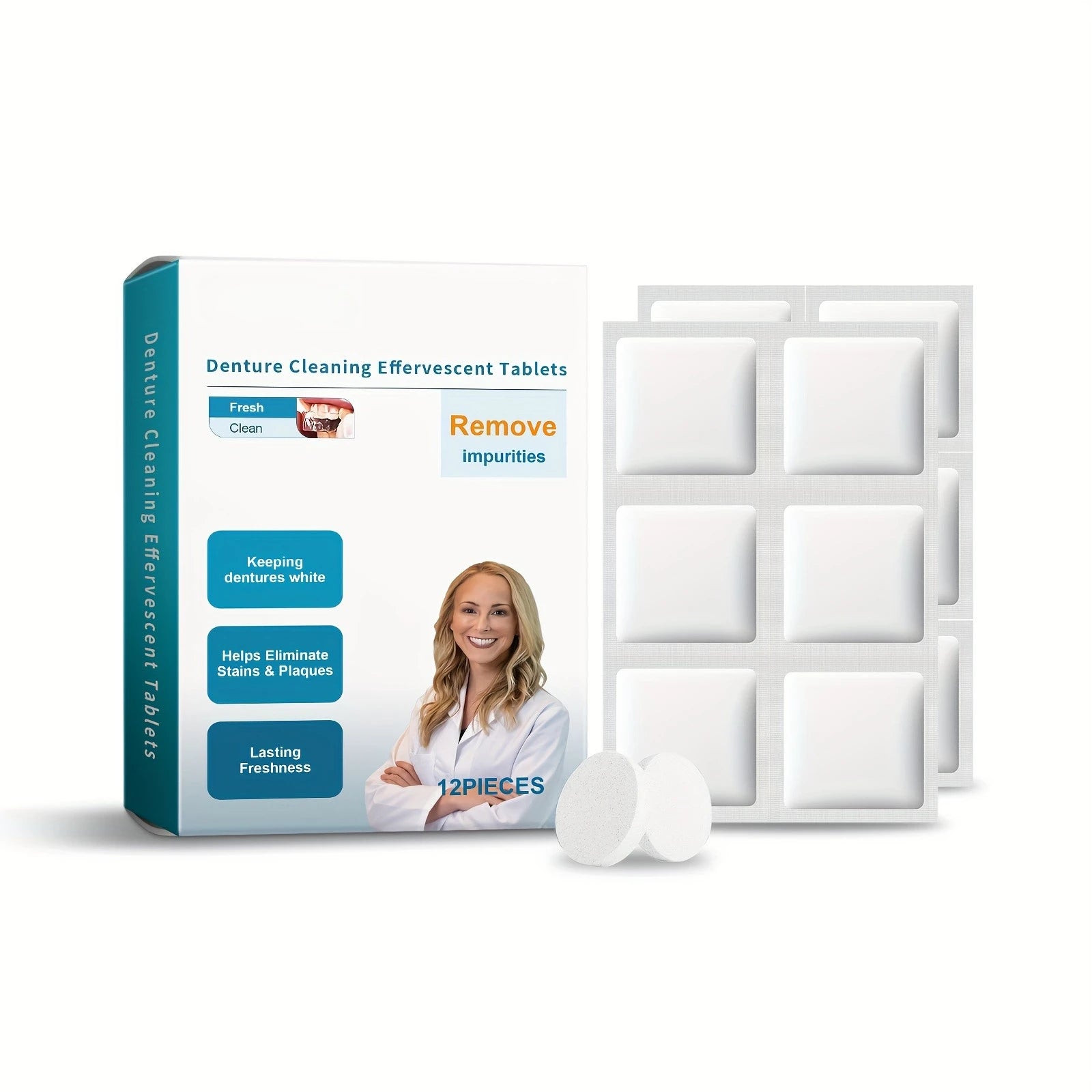 Effervescent Denture Cleaning Tablets - 12 Piece Deep Clean Kit - 6