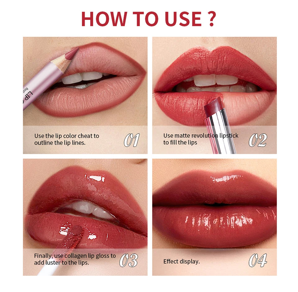 3-Piece Waterproof Matte Lipstick and Lip Liner Makeup Set