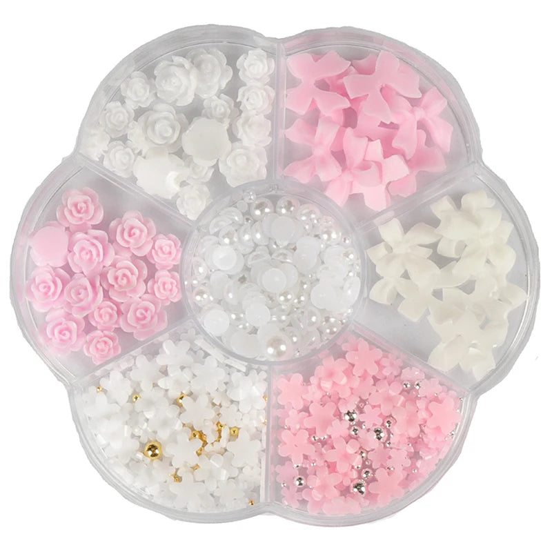 3D Mixed Nail Art Decoration Set with Bows, Flowers, and Pearls