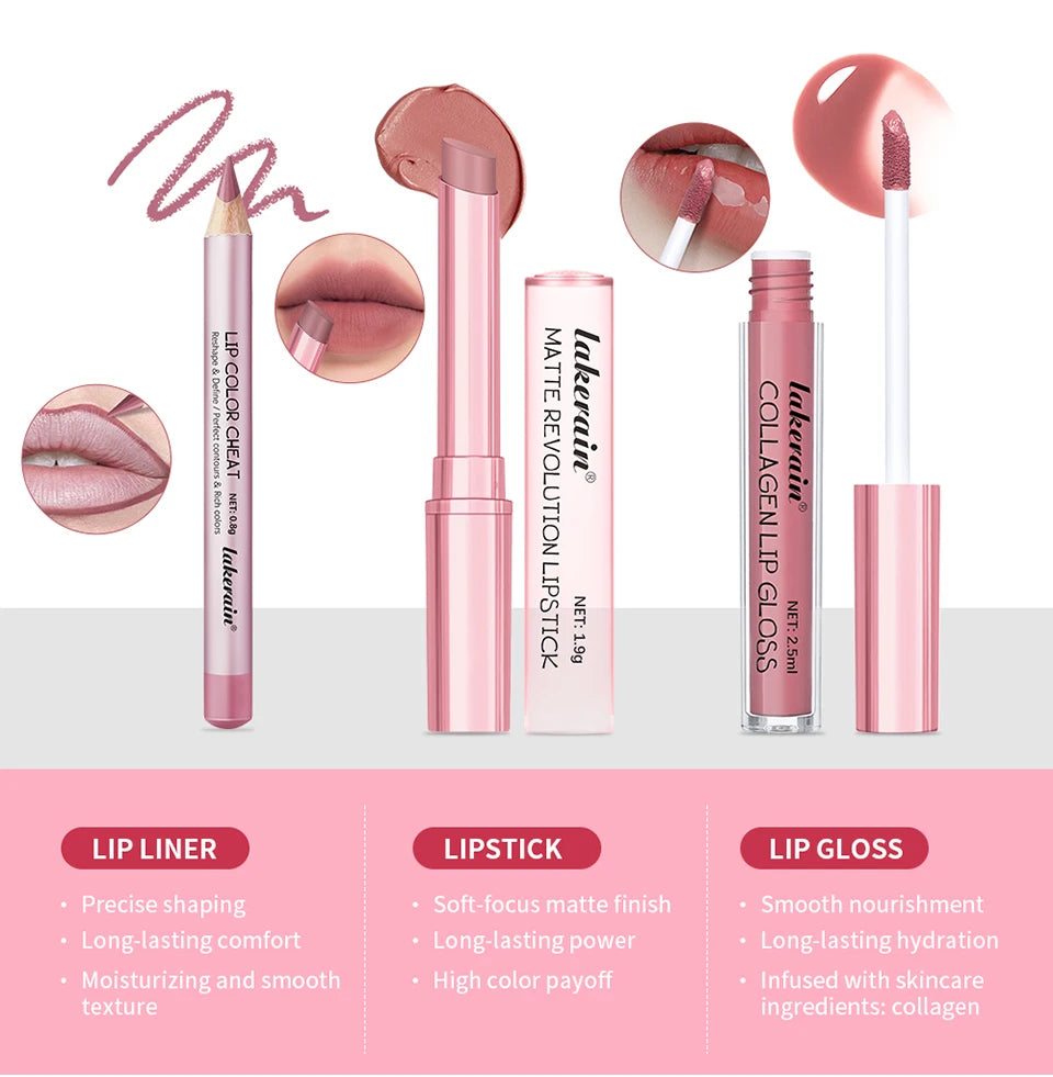 3-Piece Waterproof Matte Lipstick and Lip Liner Makeup Set - 11