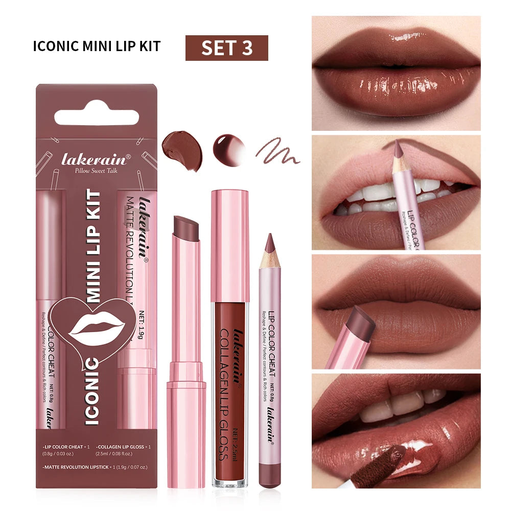 3-Piece Waterproof Matte Lipstick and Lip Liner Makeup Set - 24