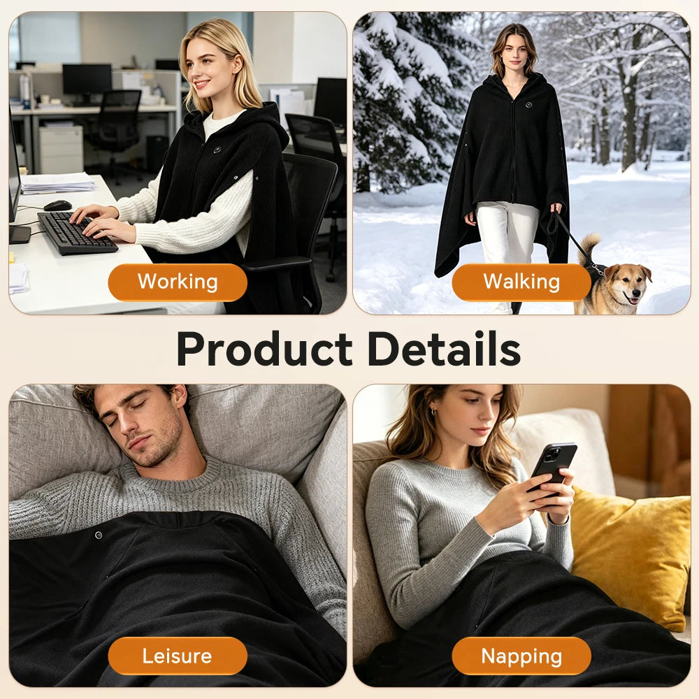 USB Heated Hooded Shawl Wearable Graphene Blanket - 6