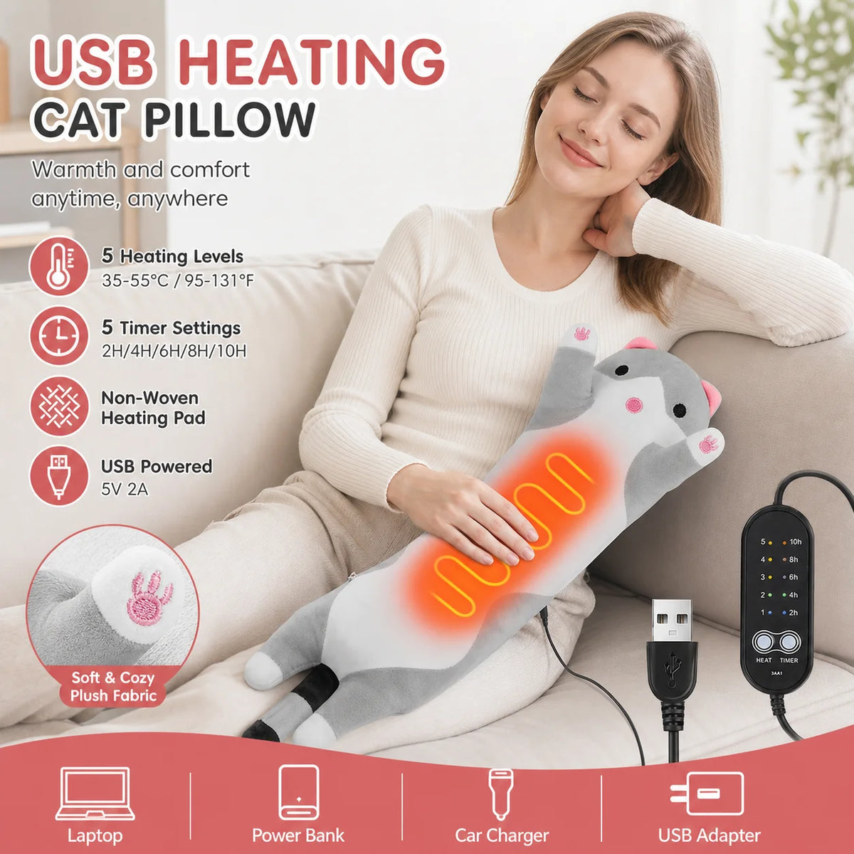 USB Heated Cat Plush Pillow with Adjustable Heat and Timer