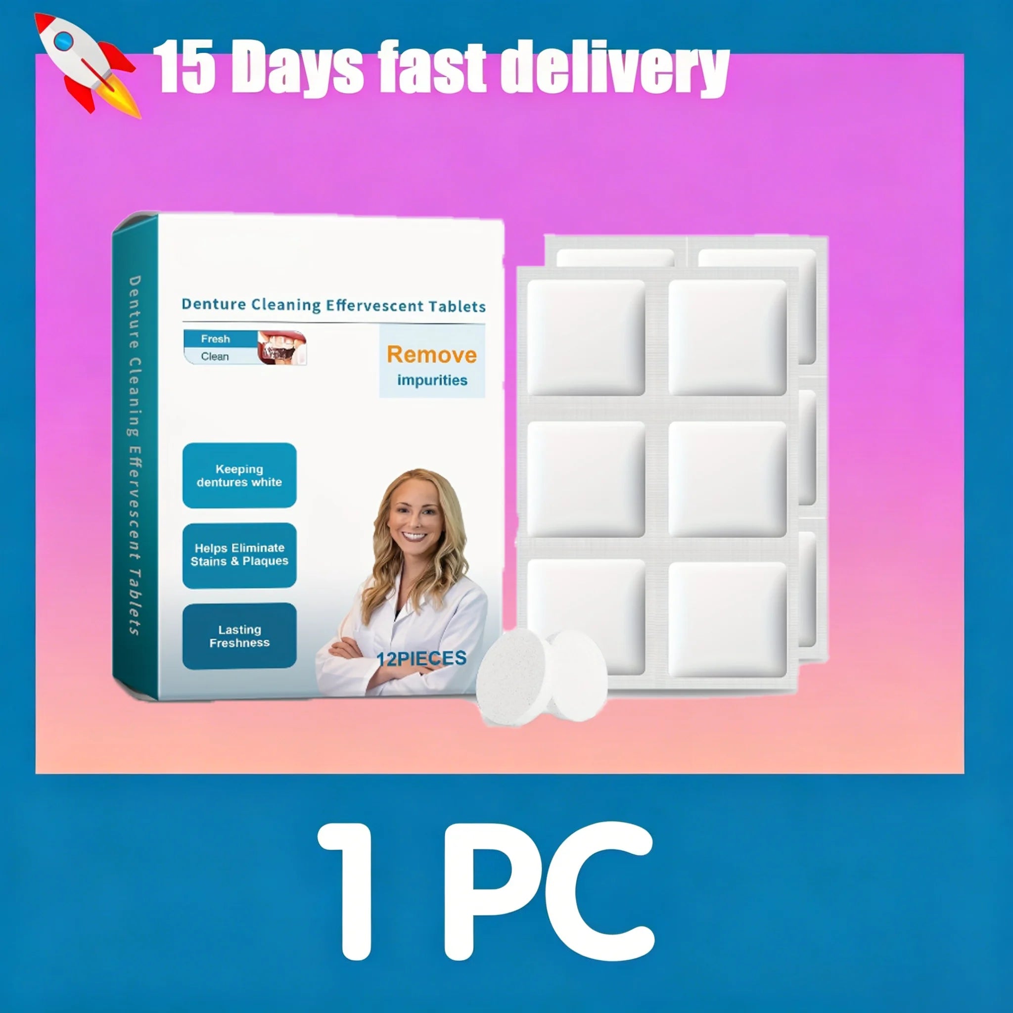 Effervescent Denture Cleaning Tablets - 12 Piece Deep Clean Kit - 11