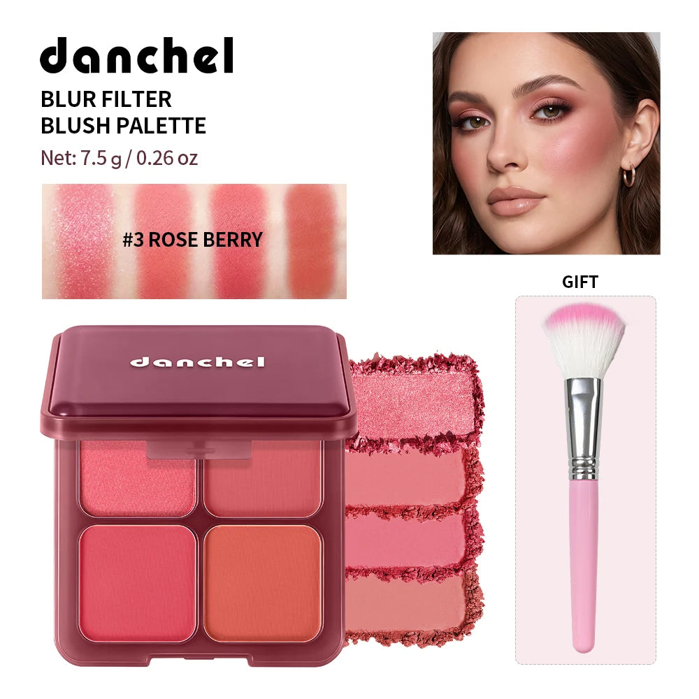 4-Color Matte Blur Filter Blush Palette with Makeup Brush