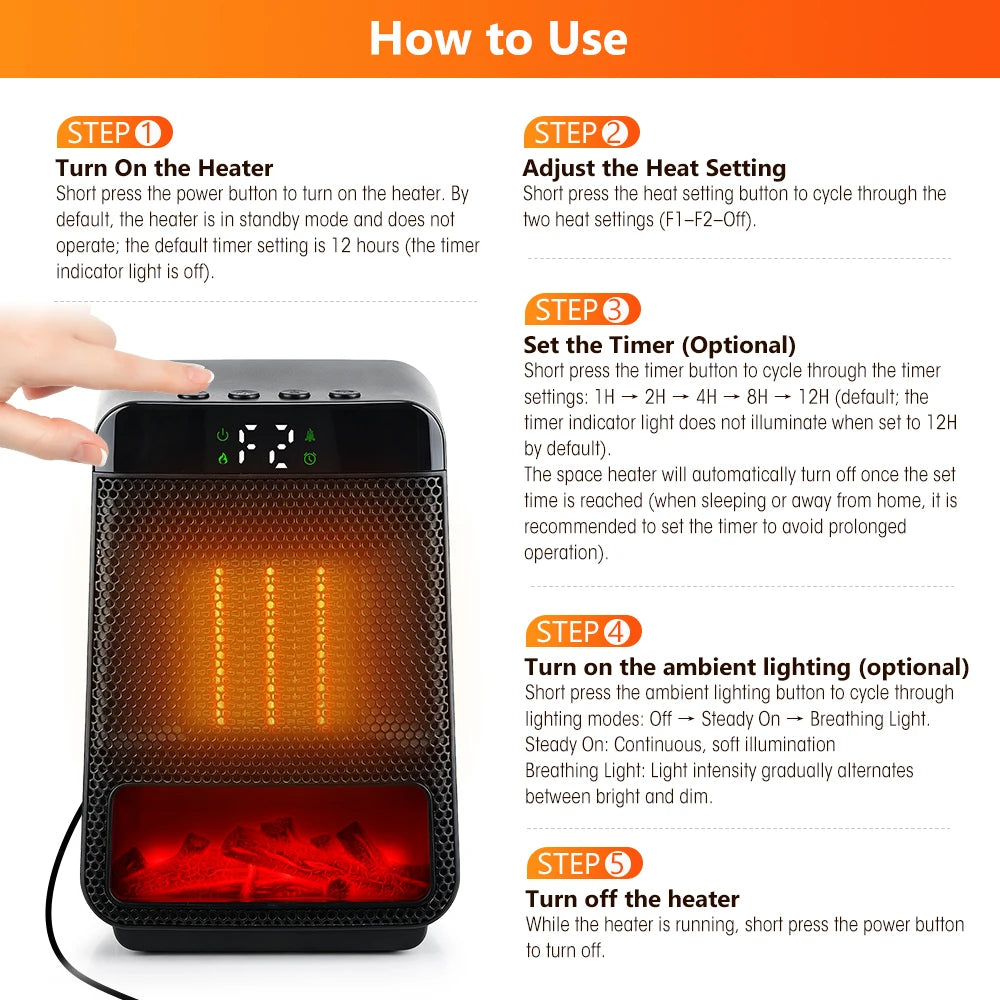 Portable PTC Ceramic Space Heater with Ambient Light and Timer - 23