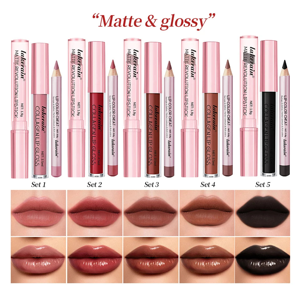 All-in-One Travel Lip Makeup Set with Liner, Lipstick, and Gloss - 8