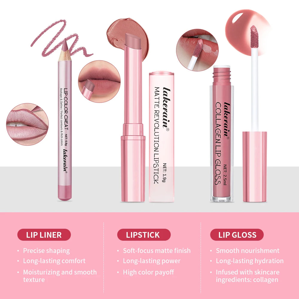 3-Piece Waterproof Matte Lipstick and Lip Liner Makeup Set