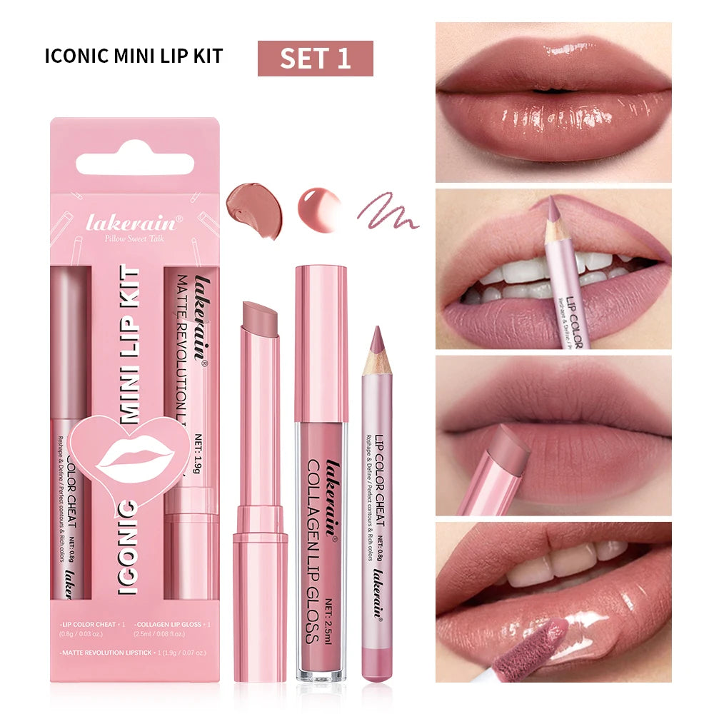 All-in-One Travel Lip Makeup Set with Liner, Lipstick, and Gloss