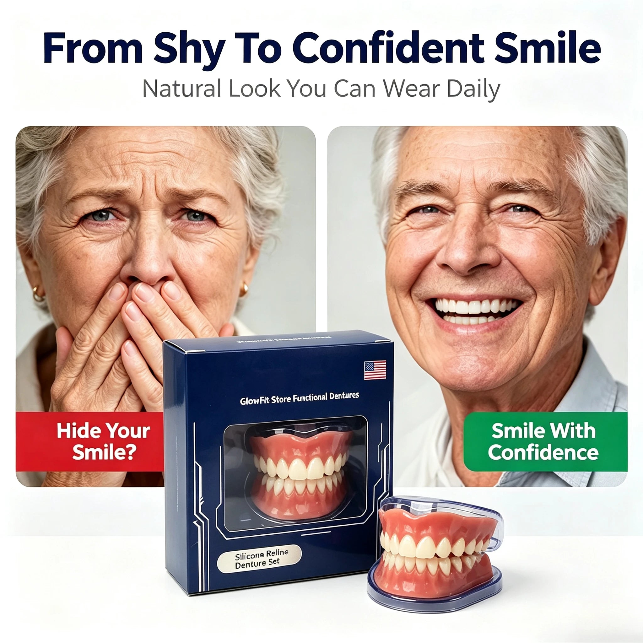 Instant Smile Cosmetic Dentures with Comfortable Silicone Gum Base