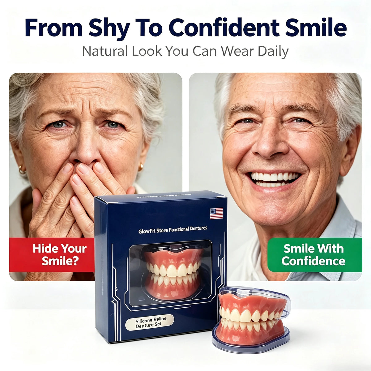 Instant Smile Cosmetic Dentures with Soft Silicone Gum Base