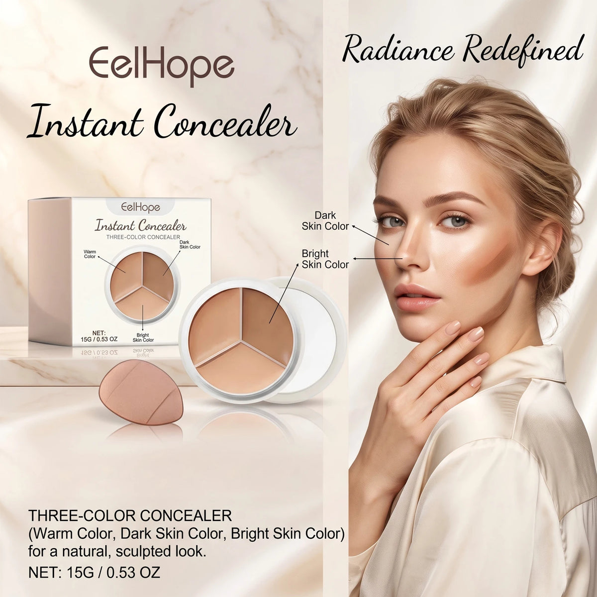 3-Color Cream Concealer Palette for Dark Circles and Blemishes