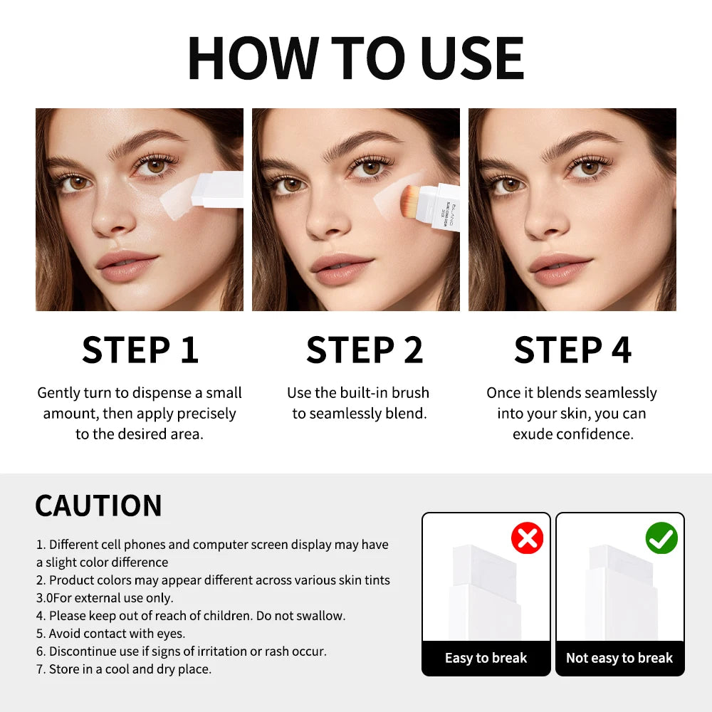 Dual-Ended Waterproof Cream Foundation Stick with Built-in Brush
